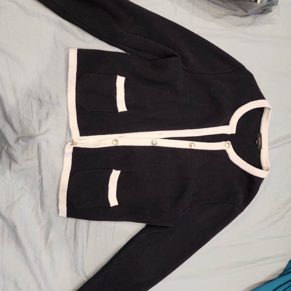 Quince Women's Cardigan in Black with White Accents